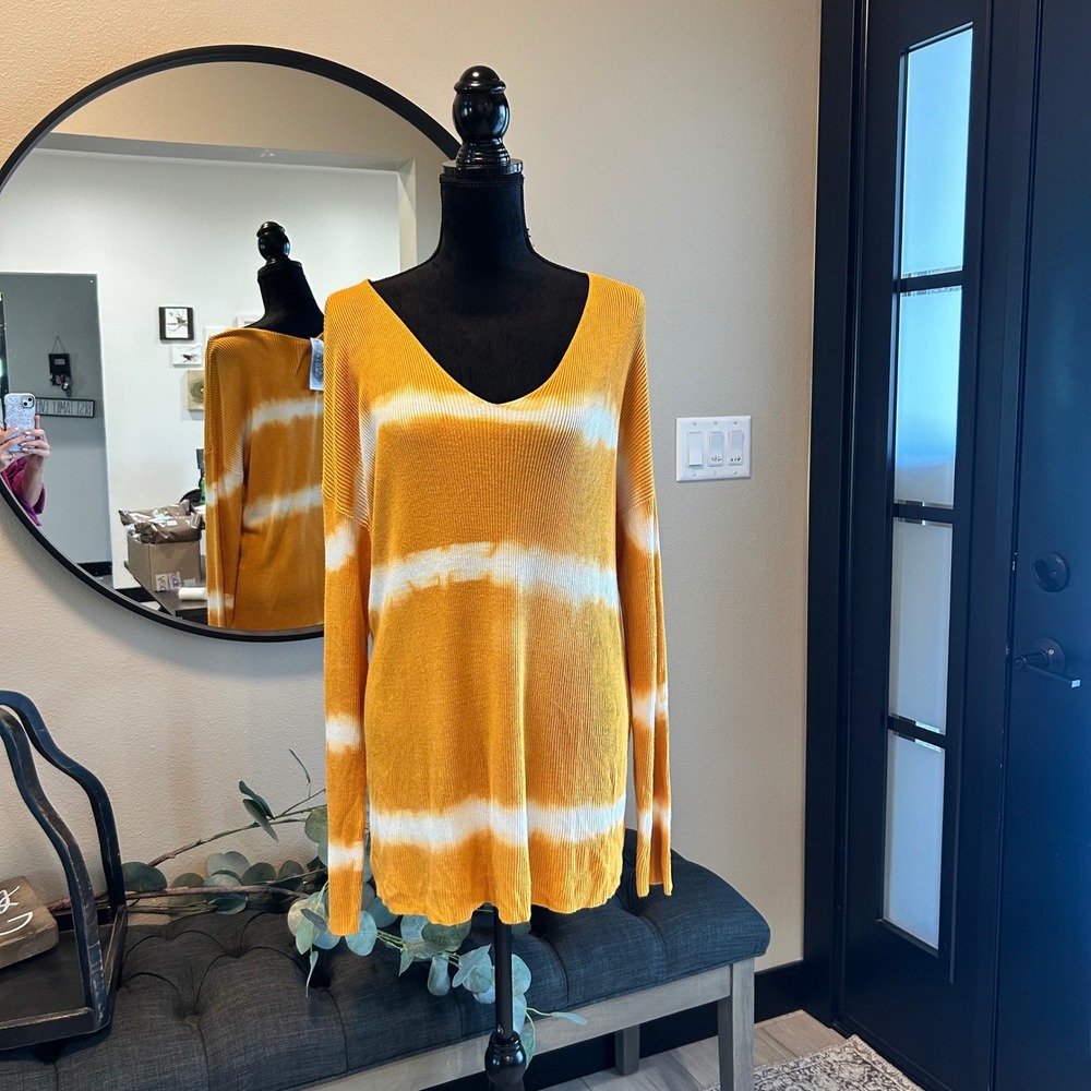 Macaron Mustard Tie Dye Tunic Sweater V-Neck Ribbed Yellow IP3282 Small NWT